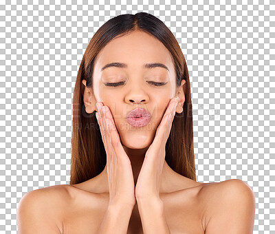 Skincare, beauty and portrait of black woman kissing air for lip, mouth or skin glow promo on blue background. Makeup, facial care and face of African model for dermatology or spa promotion in studio