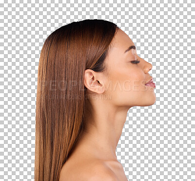 Skincare, cosmetics and profile of woman in studio with skin promo on blue background. Makeup, facial and face of beauty model from Brazil for dermatology or haircare promotion and mockup.