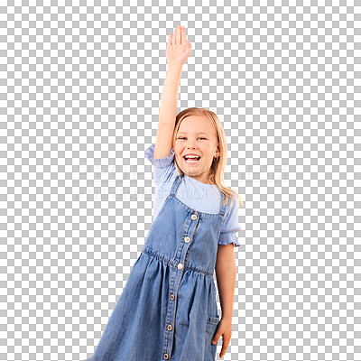 Portrait, hands raised and happy kid with question in studio isolated on an orange background mockup space. Excited, answer and girl child asking why, learning student and education at kindergarten