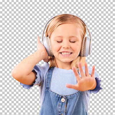 Headphones, dancing or child streaming music to relax with freedom in studio on orange background. Smile, excited and happy girl listening to a radio song, sound or audio on an online subscription