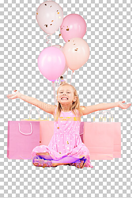 Balloons, birthday and portrait of excited girl on pink background for party, celebration and event. Happy, confetti and young child with open arms for presents, gift box and decoration in studio