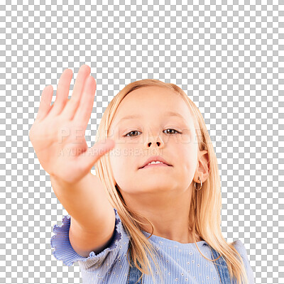 Stop, hand and portrait of girl child in studio with no, warning or vote on orange background space. Protest, palm and face of kid with emoji for control, power or voice, opinion or limit choice