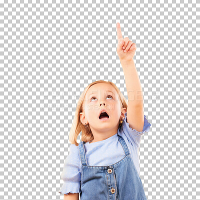 Child, surprise and pointing up with hand in studio for advertising, announcement or promotion. Shocked girl kid on a orange background for gesture, mockup space or sign for attention, fear or scared