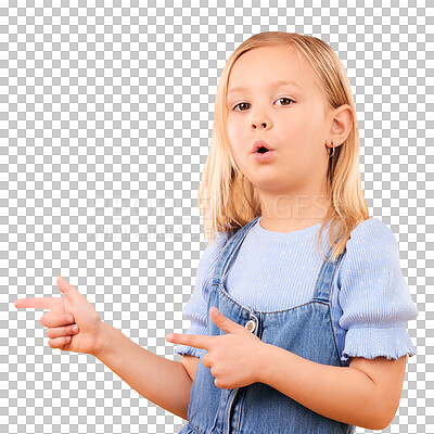 Child, portrait and girl with finger gun in studio for advertising, announcement or promotion. Young kid on orange background for hand gesture, pointing or sign for direction, attention or marketing
