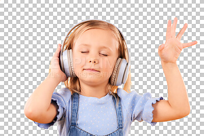 Child, headphones and dance to music in studio for freedom, multimedia subscription or kids podcast on orange background. Happy young girl listening to audio, streaming sound or hearing song on radio