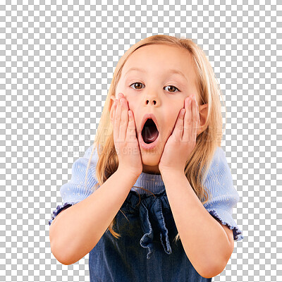 Wow, surprise and hands on face of girl child in studio with news, announcement or giveaway on orange background. Omg, portrait and kid shocked by secret, gossip or drama, promotion or information