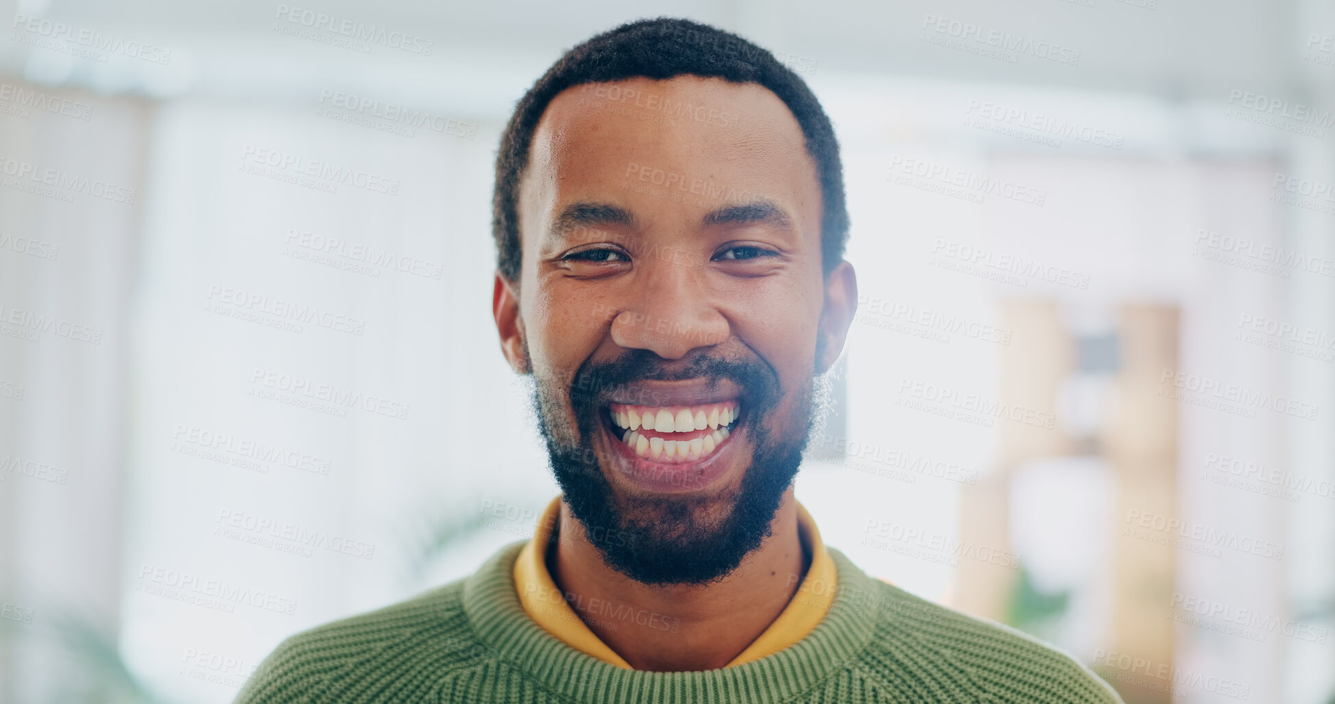 Buy stock photo Happy, black man and portrait in a home with confidence and smile in a living room. New house, excited and funny joke with a relax African male person from Ghana in a lounge at morning with joy