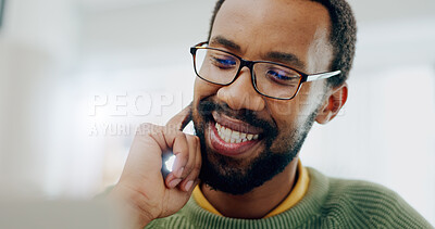 Buy stock photo Business, thinking and black man, ideas, planning and brainstorming for a project, smile and glasses. African person, employee or consultant with eyewear, happiness or choice with decision or startup