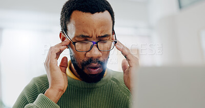 Buy stock photo Man, stress or temple at laptop work deadline, thoughts or headache. Black person, hand massage or tired overworked thinking at office or email anxiety job burnout depression, frustrated or overwhelm