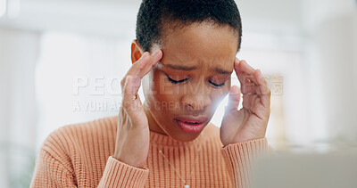 Buy stock photo Sick, remote work and a black woman with a headache from a laptop for depression or anxiety. House, frustrated and an African freelance worker with a migraine, stress or mental health from a job