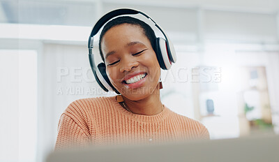 Buy stock photo Happy, excited and black woman with headphones, home and streaming music with happiness. African person, apartment and girl with headset, listening to sound and audio with technology, app and radio