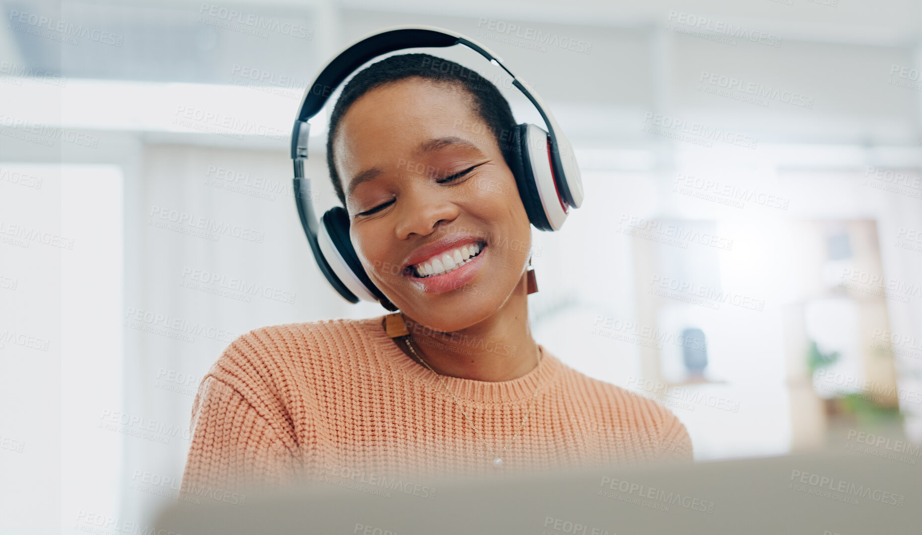 Buy stock photo Happy, excited and black woman with headphones, home and streaming music with happiness. African person, apartment and girl with headset, listening to sound and audio with technology, app and radio