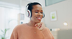 Woman, headphones and smile by laptop for movie, music or audio streaming subscription in home. Happy African girl, computer and listen for sound, radio or podcast with reading, social media or blog