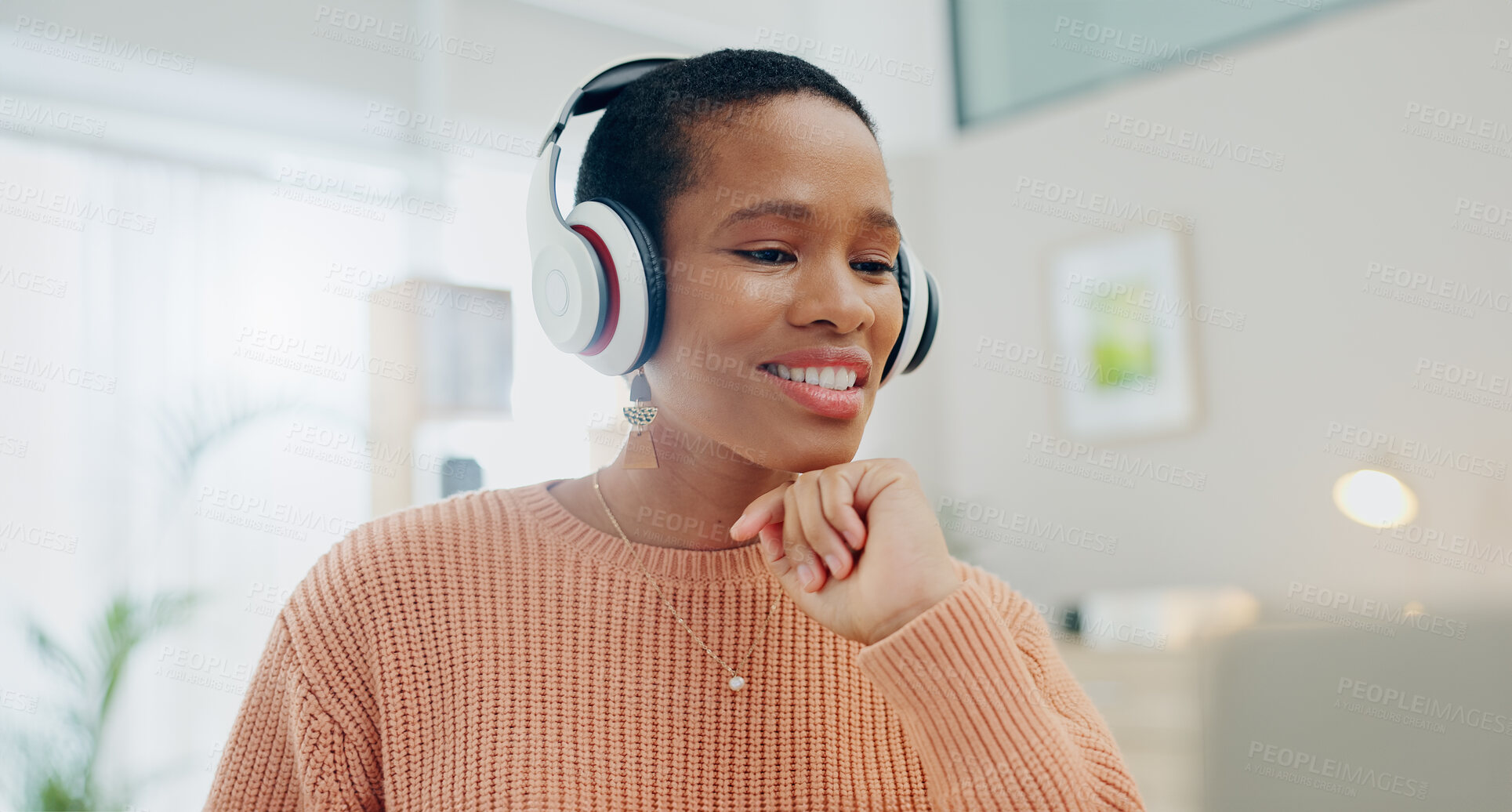 Buy stock photo Woman, headphones and smile by laptop for remote work from home with thinking process, ideas or vision. Happy African girl, computer and listen for sound, freelancing and brainstorming for solution