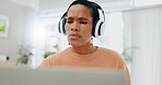 Woman, headphones and frustrated with laptop for remote work from home for confused thinking, error and mistake. African freelancer girl, computer and listen with fail, 404 glitch and stress in house