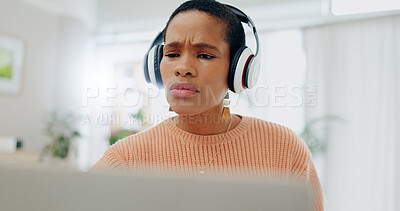 Buy stock photo Woman, headphones and frustrated with laptop for remote work from home for confused thinking, error and mistake. African freelancer girl, computer and listen with fail, 404 glitch and stress in house