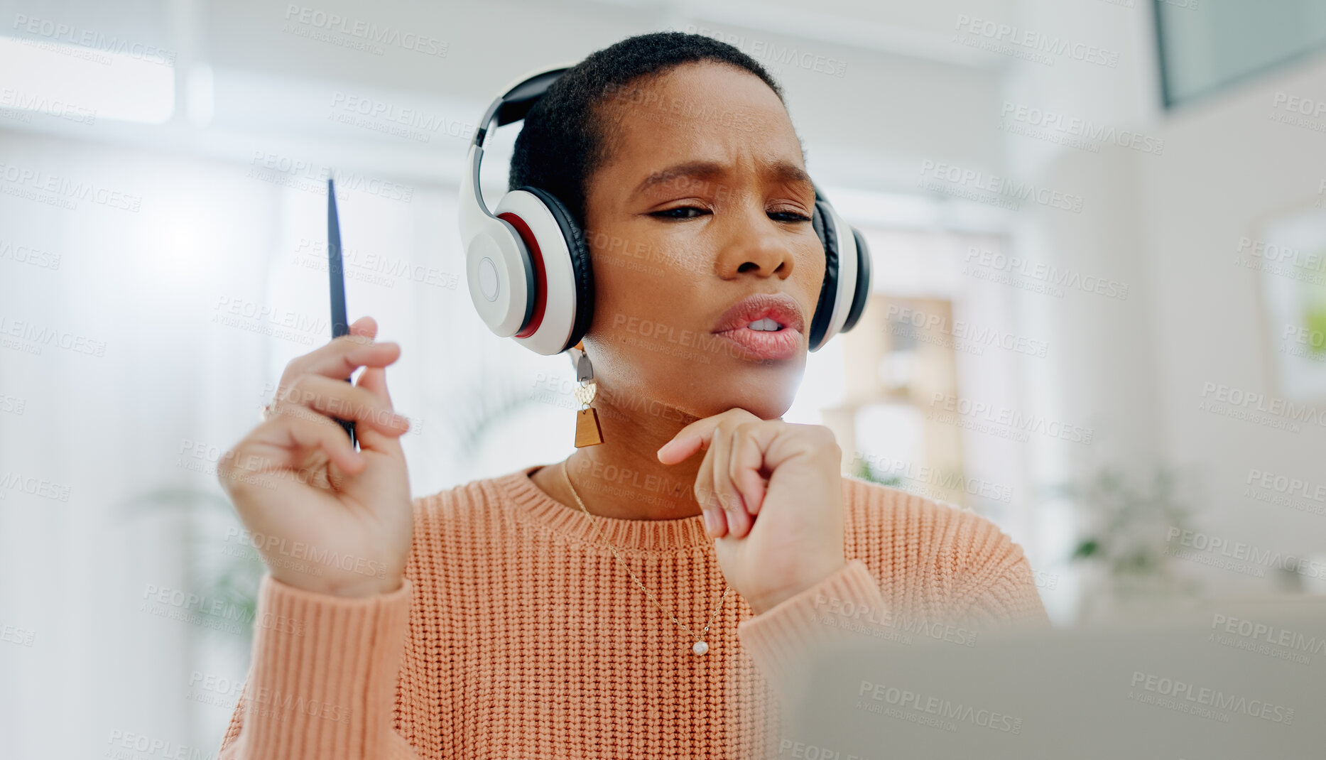 Buy stock photo Remote work, black woman and speaking on a laptop for business, online planning or communication. House, strategy and an African freelance worker with conversation, headphones and talking on a pc