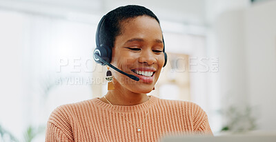 Buy stock photo Customer service face, laptop and professional happy woman conversation on telemarketing, consultation or tech support. Home, freelance remote work and telecom agent consulting on lead generation
