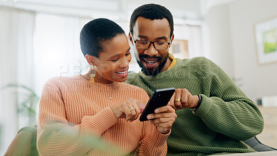 Buy stock photo Phone, happy and black couple on sofa online for social media, internet and browse website. Love, dating and man and woman on smartphone for bonding, relationship and relax together in living room