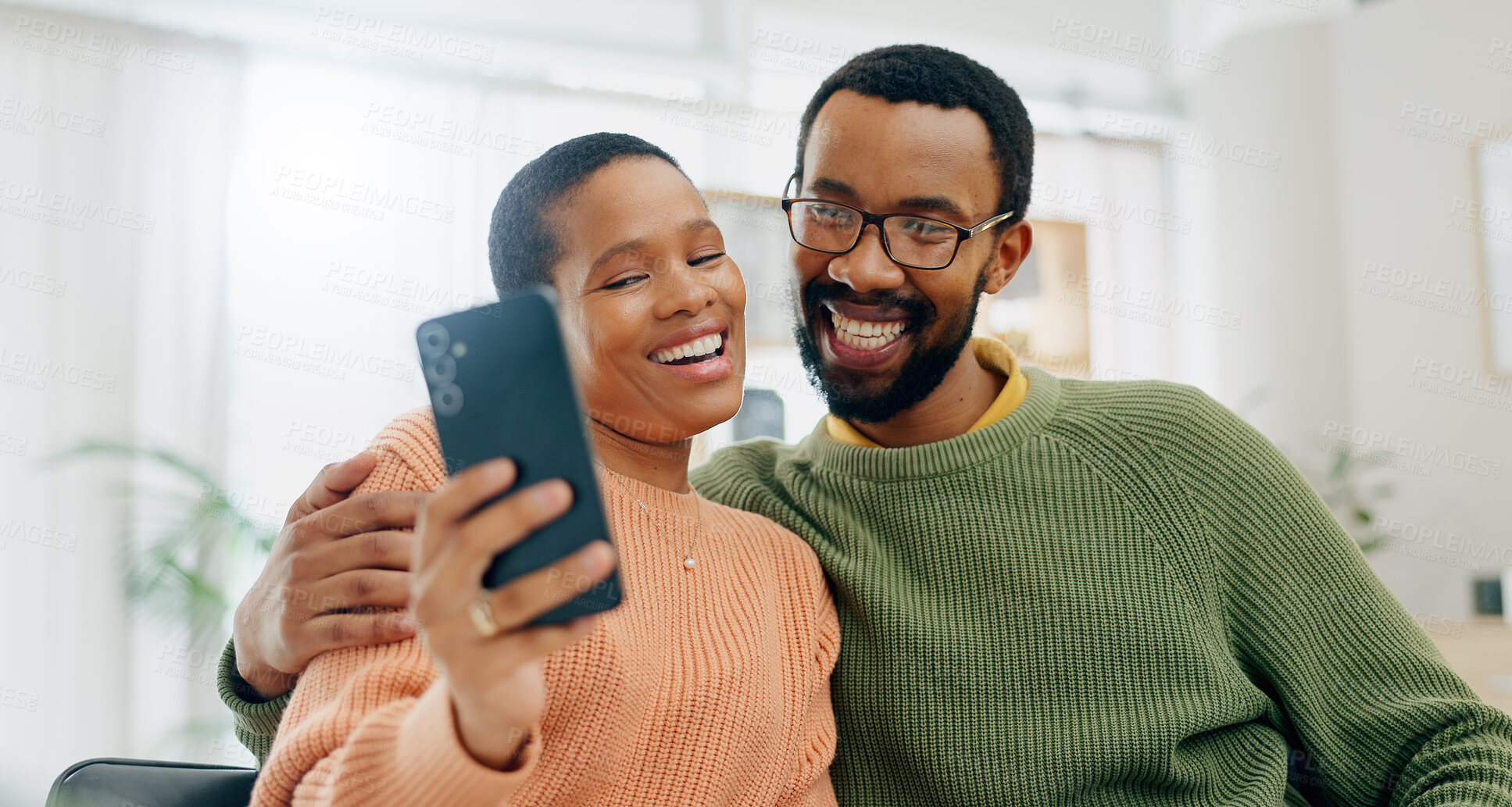 Buy stock photo Happy, selfie and black couple on sofa online for social media, internet and profile picture. Love, dating and man and woman take photo for bonding, relationship and relax together in living room