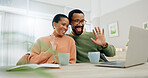 Smile, home and a black couple on a video call from a laptop for communication online. Happy, house and an African man and woman greeting with a wave and talking on the internet for planning