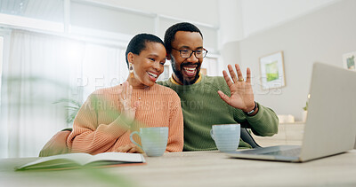 Buy stock photo Smile, home and a black couple on a video call from a laptop for communication online. Happy, house and an African man and woman greeting with a wave and talking on the internet for planning