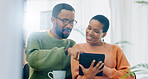 Tablet, black couple and tablet at home in the morning with social media and online planning. Happy, web search and technology in a house with smile and decide room color on app with communication