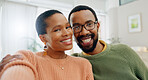 Black couple, selfie and home with love, support and care together on a living room sofa with smile. Date, portrait and  happy people in the morning with communication and bonding with social media
