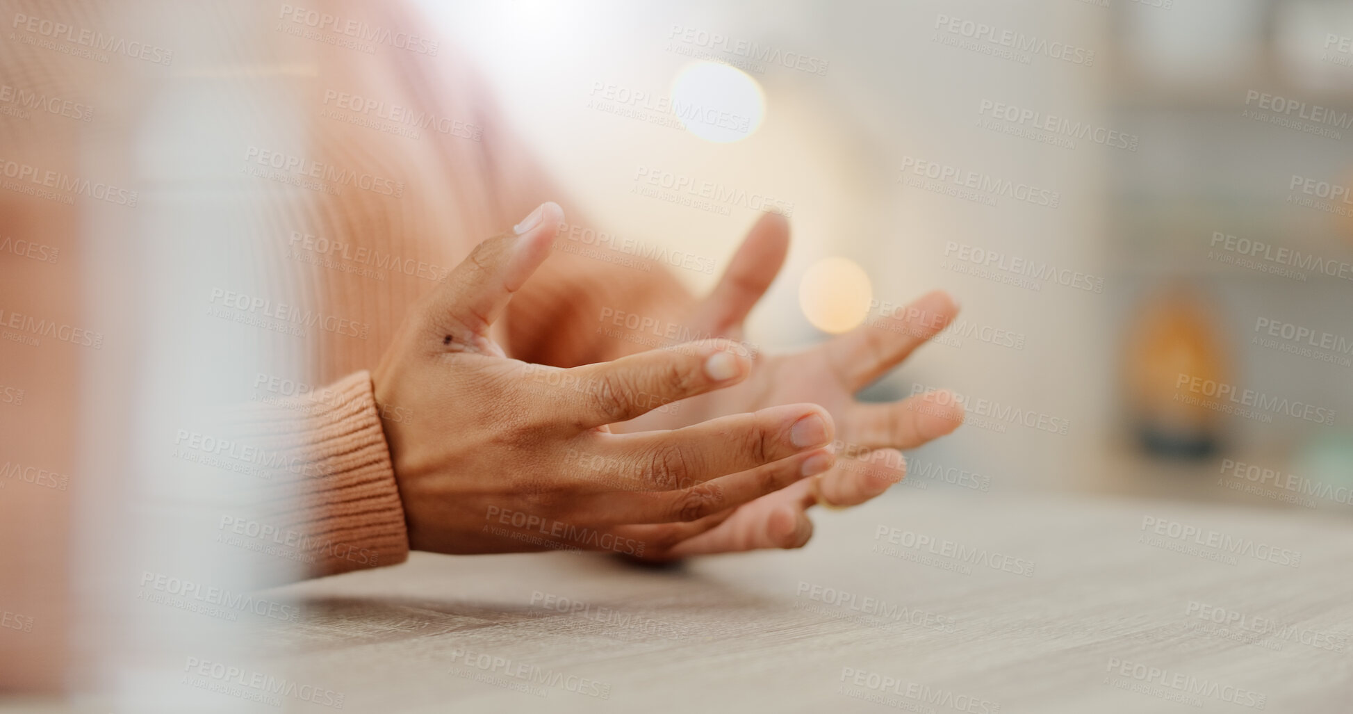 Buy stock photo Hands, table and person gesture in conversation in office, communication or chat in creative startup. Closeup, fingers and woman at desk, talk and designer in meeting, negotiation or business speech