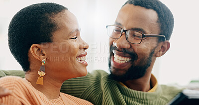 Buy stock photo Black couple, hug and home with love, support and care together on a living room sofa with smile. Date, romance and  happy people in the morning with communication and bonding in a house lounge