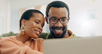 Buy stock photo Laptop, face and happy black couple reading online shopping information, social network post or relationship news website. Home computer, research and African people search internet, web or media
