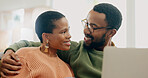 Black couple, hug and laptop with love, support and care together on a living room sofa with smile. Date, romance and  happy people in the morning with communication and bonding in a house lounge