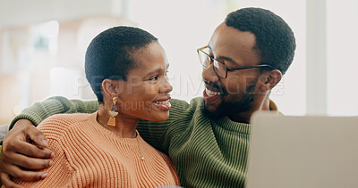 Buy stock photo Black couple, hug and laptop with love, support and care together on a living room sofa with smile. Date, romance and  happy people in the morning with communication and bonding in a house lounge