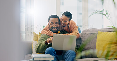 Buy stock photo Happy, couple hug and laptop for social media, internet search or reading an email. Smile, love and an African man and woman with care, connection and a computer for a movie, show or film together