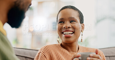 Buy stock photo Coffee, conversation and happy woman at home on a living room sofa with a man and hot drink. Couple, tea and smile with communication and discussion together with love and support talk on a couch