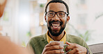 Happy, coffee and a black man in conversation with a woman for love, care or bonding in the morning. Smile, relax and an African man speaking to a person with a drink, laughing or tea in a house