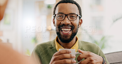 Buy stock photo Happy, coffee and a black man in conversation with a woman for love, care or bonding in the morning. Smile, relax and an African person speaking to a person with a drink, laughing or tea in a house