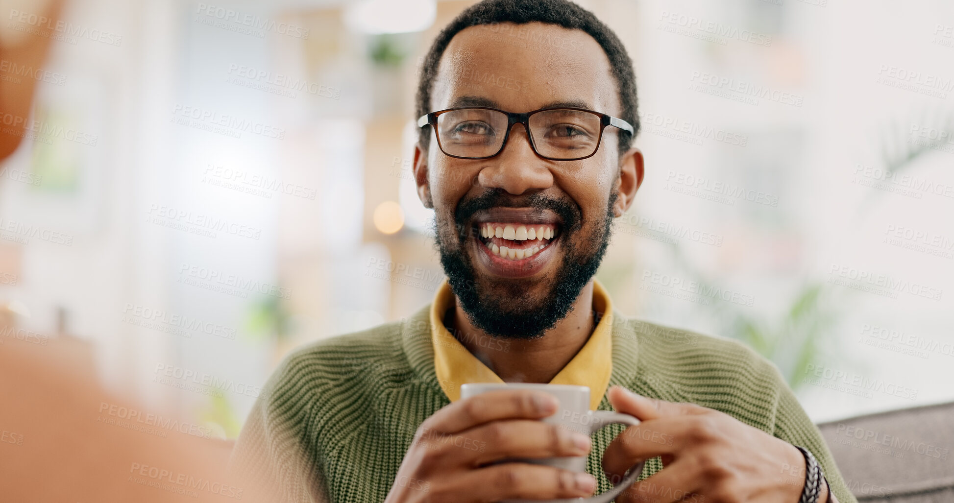 Buy stock photo Happy, coffee and a black man in conversation with a woman for love, care or bonding in the morning. Smile, relax and an African person speaking to a person with a drink, laughing or tea in a house