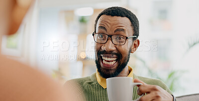 Buy stock photo Coffee, conversation and excited man at home on a living room sofa with a talk and hot drink. Couple, tea and smile with communication and happy together with love and marriage support on a couch