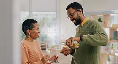 Buy stock photo Champagne glass, bottle and happy black couple pour drinks for marriage union, anniversary date or honeymoon. Romantic love, home wine or relax African man, woman or people smile for alcohol beverage
