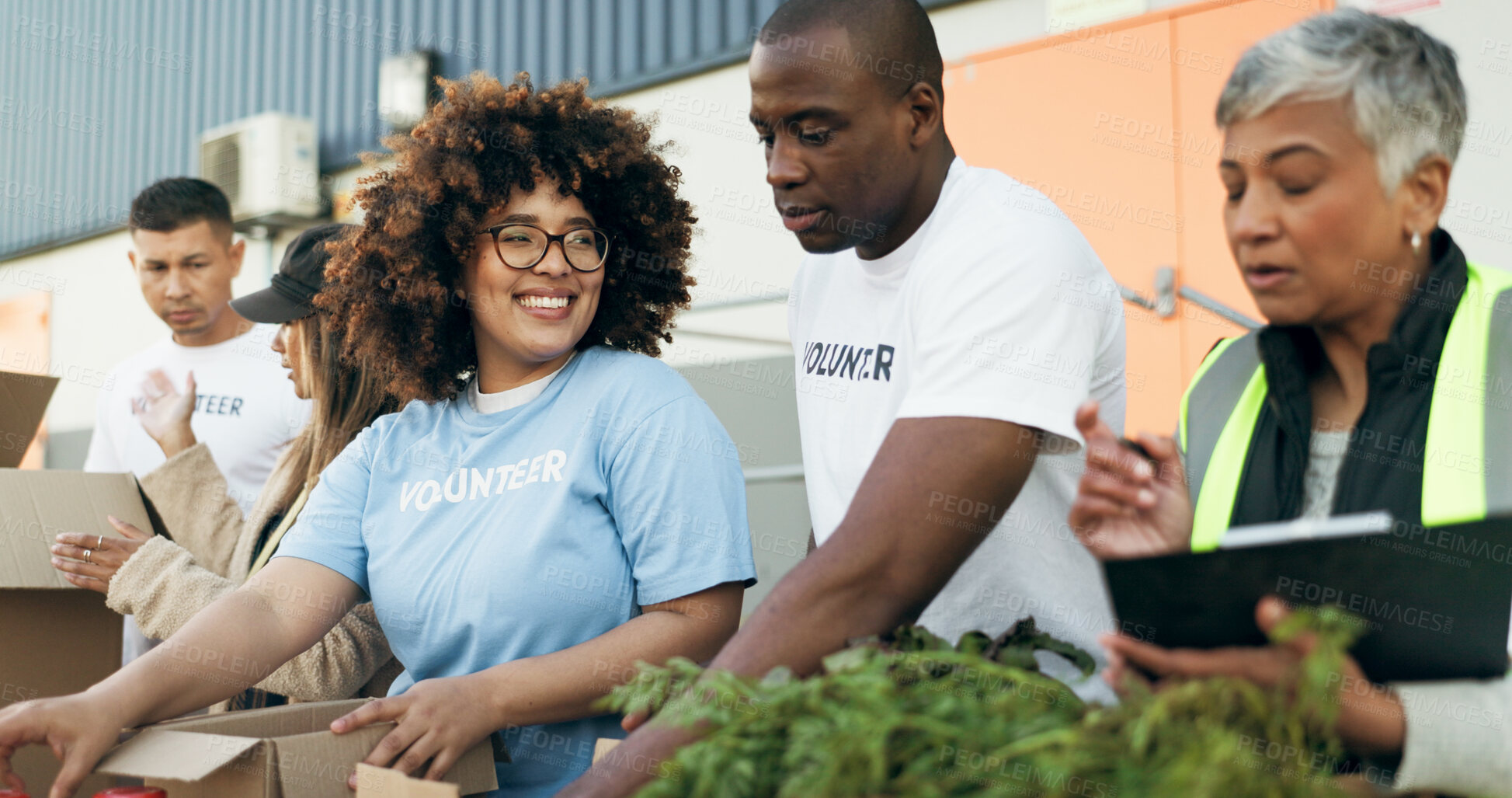 Buy stock photo Group of people, volunteer and checklist for food boxes on table for charity with care, kindness and help. Donation, men and women at ngo with grocery inventory for distribution at non profit project