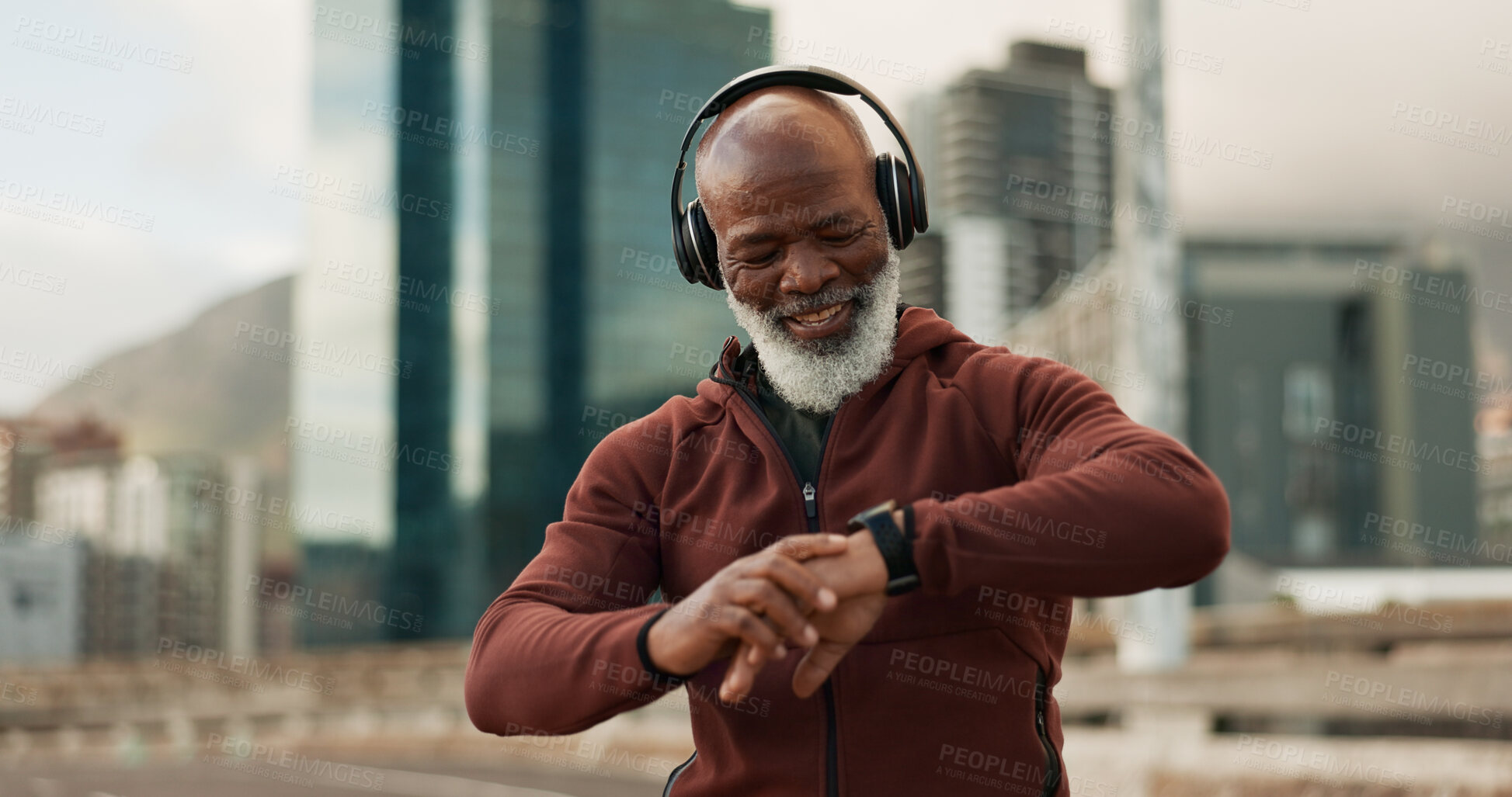 Buy stock photo Man, headphones and smart watch in city for fitness, exercise results and workout performance. Happy senior african runner check timer, clock and healthy training progress with music in urban street