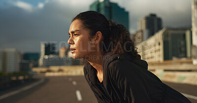 Buy stock photo Woman, runner and breathe in road for fitness, exercise or wellness with city background or nature. Athlete, person and tired or break for workout, training and healthy body with sportswear in town