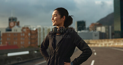 Buy stock photo Training, city smile and outdoor woman looking at view, buildings and happy for morning cardio, wellness or workout. Happiness, fitness and urban athlete, runner or person exercise in Chicago, USA