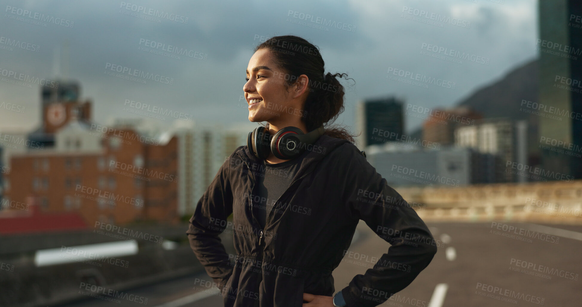 Buy stock photo Training, city smile and outdoor woman looking at view, buildings and happy for morning cardio, wellness or workout. Happiness, fitness and urban athlete, runner or person exercise in Chicago, USA