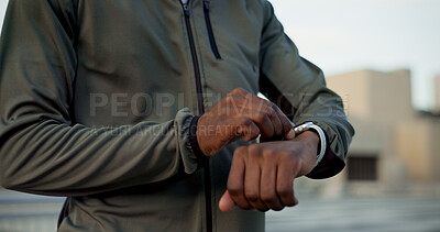 Buy stock photo Hands, watch and runner outdoor for fitness, exercise or workout with monitor for performance or heart rate. Person, clock or check stopwatch, timer or cardiovascular progress for wellness and health