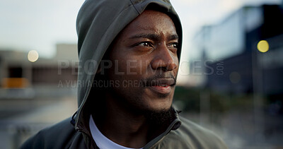 Buy stock photo Fitness, face and thinking, black man in city on rest from morning workout in hoodie. Relax, breathing and tired African athlete on calm urban exercise with fatigue, reflection and outdoor fresh air.