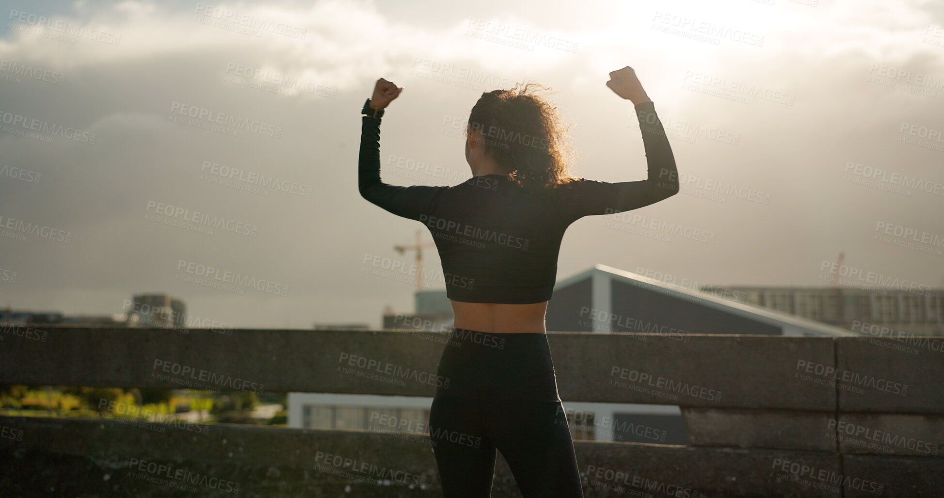 Buy stock photo Woman, success and city for fitness achievement, workout or winning in outdoor training. Rear view of female person, runner or athlete in celebration for goals, sports or victory in an urban town