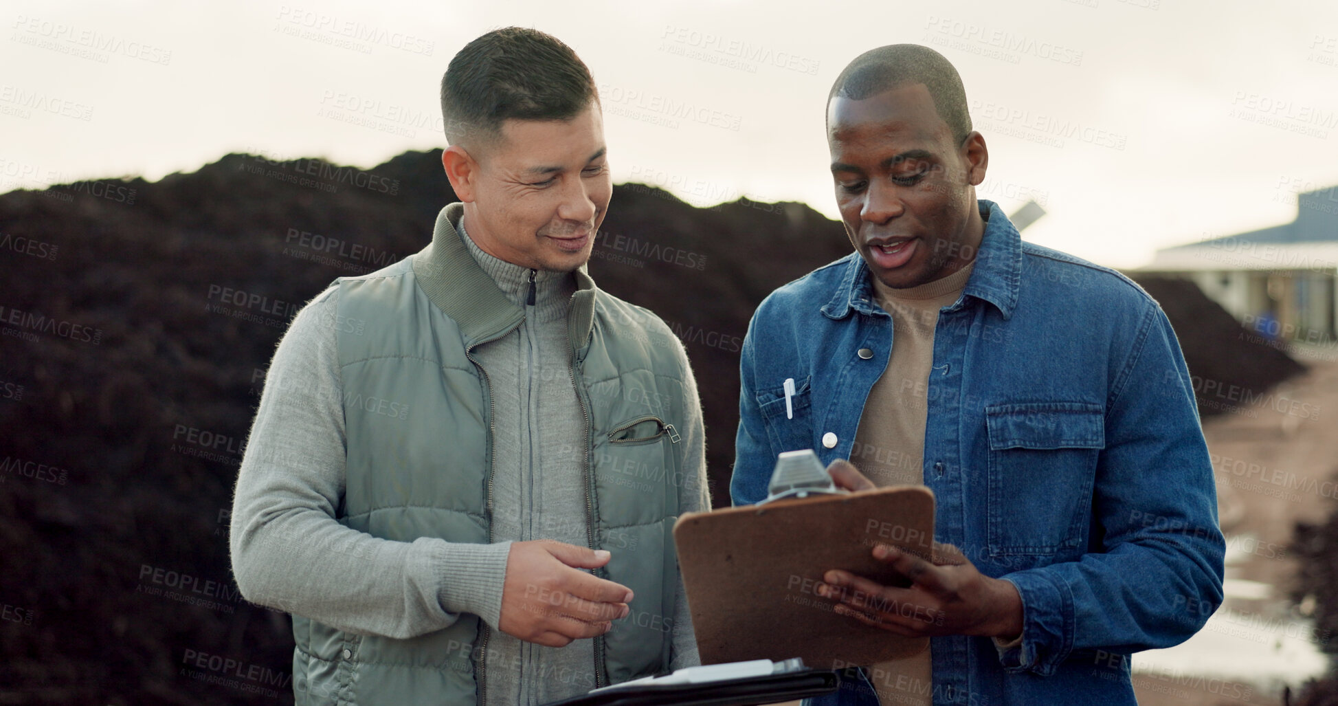 Buy stock photo Team, fertilizer and men with clipboard for agriculture, planning and collaboration. Happy people on checklist in discussion at industrial compost plant, recycle soil and organic waste management