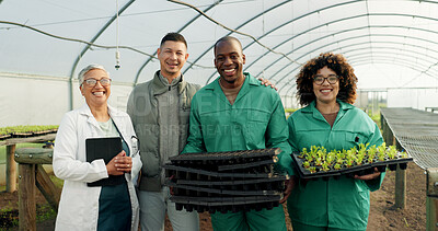 Buy stock photo Farmer, teamwork and people in greenhouse for agriculture, sustainability and gardening or farming with green plants. Food scientist, manager and people in happy portrait with eco friendly business